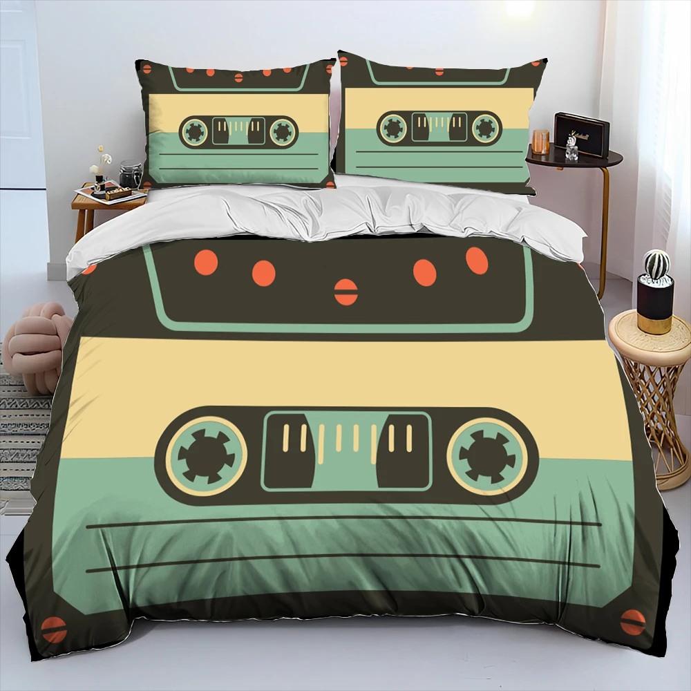 

Retro Music Cassette Tape Pattern Comforter Bedding Set,Duvet Cover Bed Set Quilt Cover Pillowcase,Queen Bedding Set Adult Kids