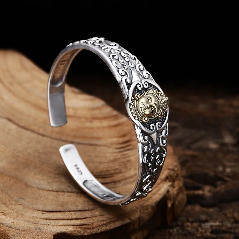 S925 Sterling Silver Green Tara Bangle Old Process Tibetan Culture Free Size Vine Pattern Women Fine Jewelry FYBT114