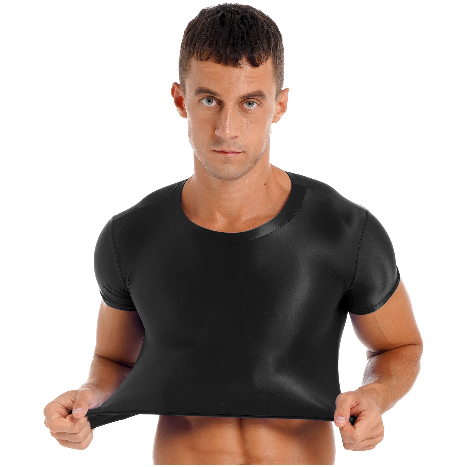 Mens Smooth Glossy Sports Crop Tops Short Sleeve Solid Color Slim Fit T-shirt Tanks Tops Sportswear Yoga Fitness Beach Swimwear