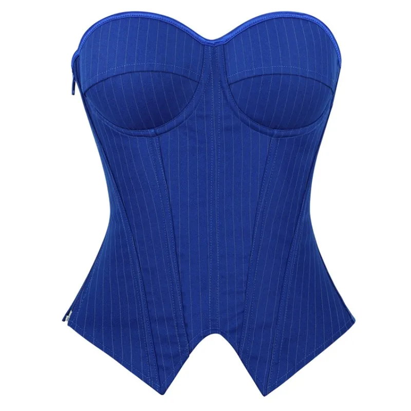 Business Style Pinstripe Strapless Corset Side Zip Underwire Cup Party Work Hourglass Body Shaper