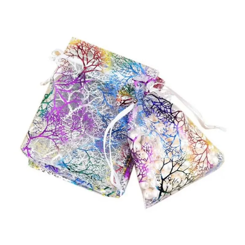 100pcs/lot 13*18, 17*23, 20*30 cm Coral Line Pattern Gauze Yarn Big Organza Drawstring Bags Pouches Christmas Gift Packaging Bag