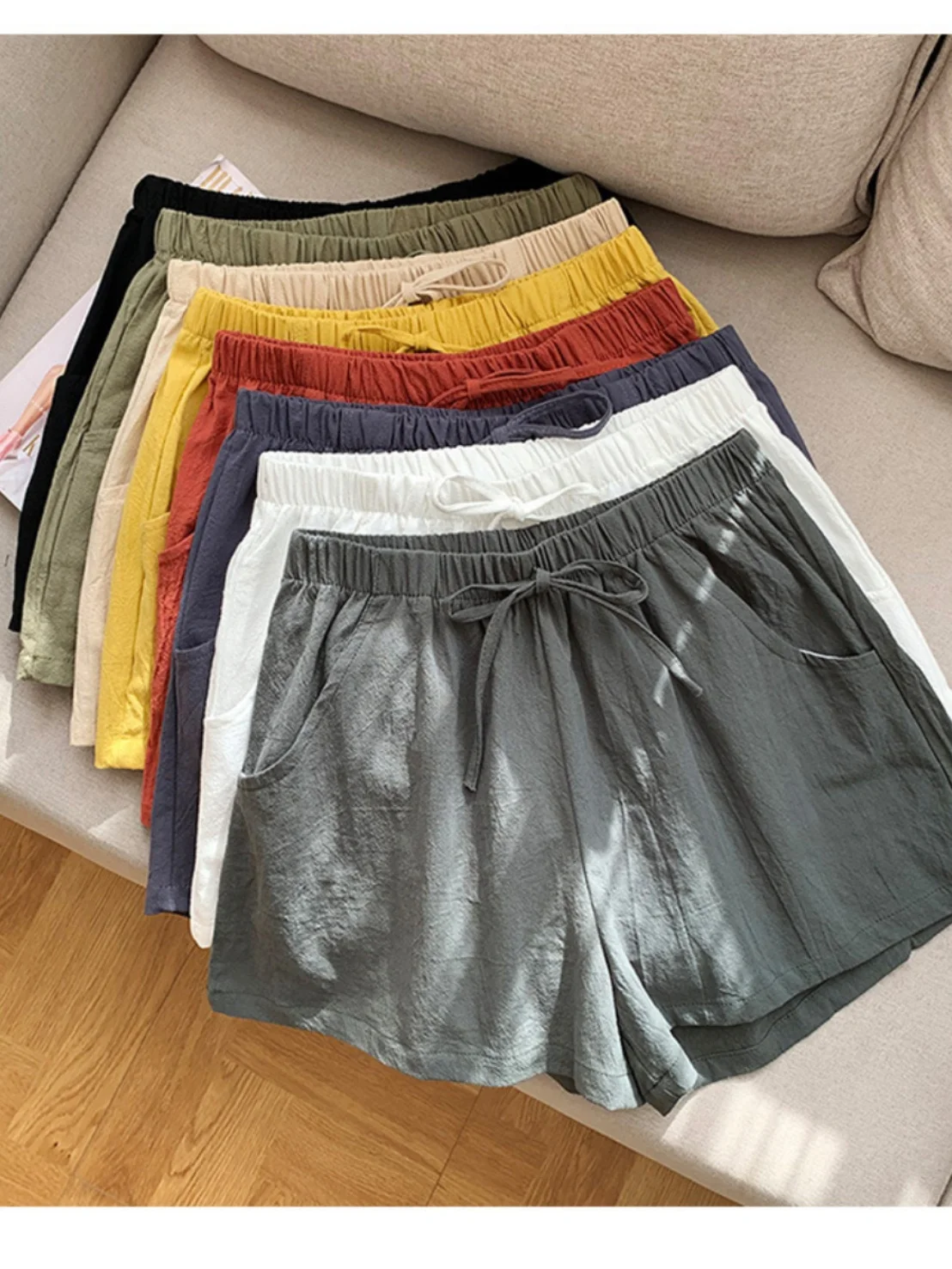 Cotton Linen Short Pants Women\'s Spring Summer New Style Casual High Waist Wide Leg Pants Home Sleepwear Five-Point Pants