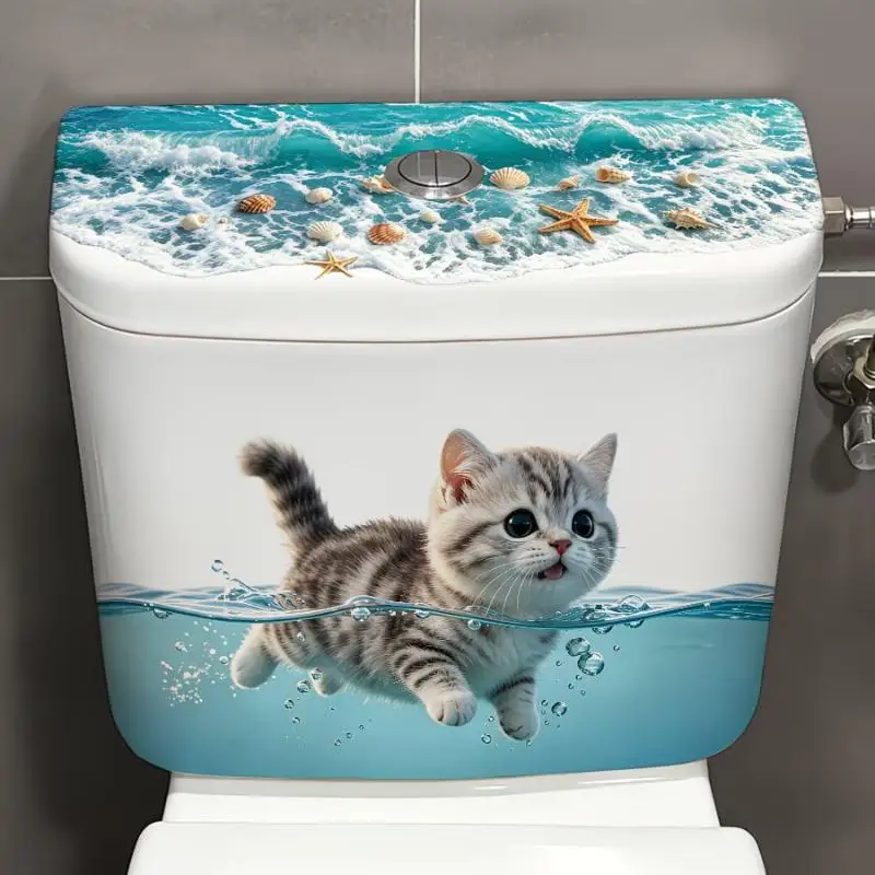 Cute Swimming Cat Toilet Sticker Waterproof Bathroom Wall Sticker Self-Adhesive Removable Decals Home Decor