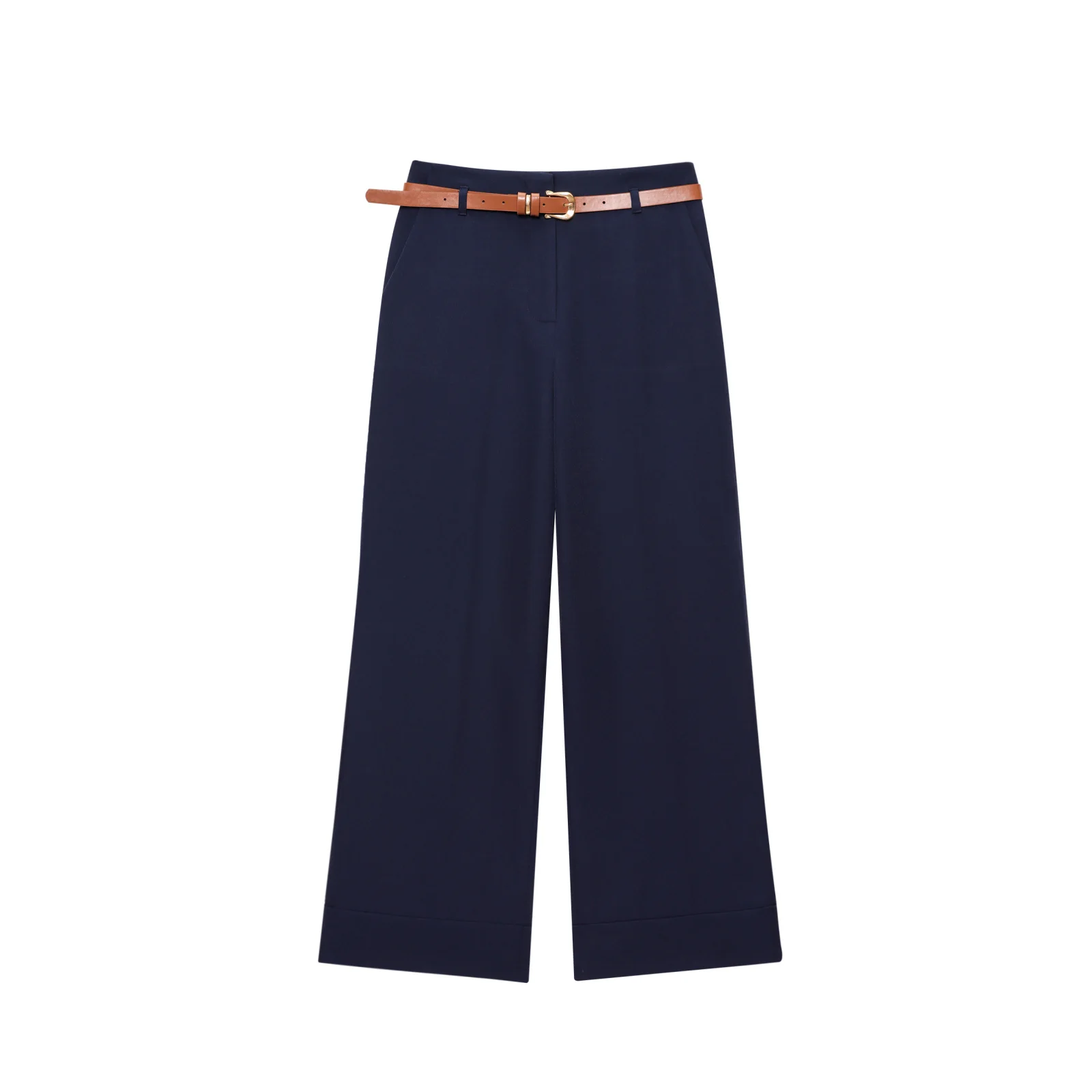 JNLEAOG Autumn New Women's Fashion Design Belted Cuffed Pants High Waist Straight Leg Casual Trousers European Style Simple