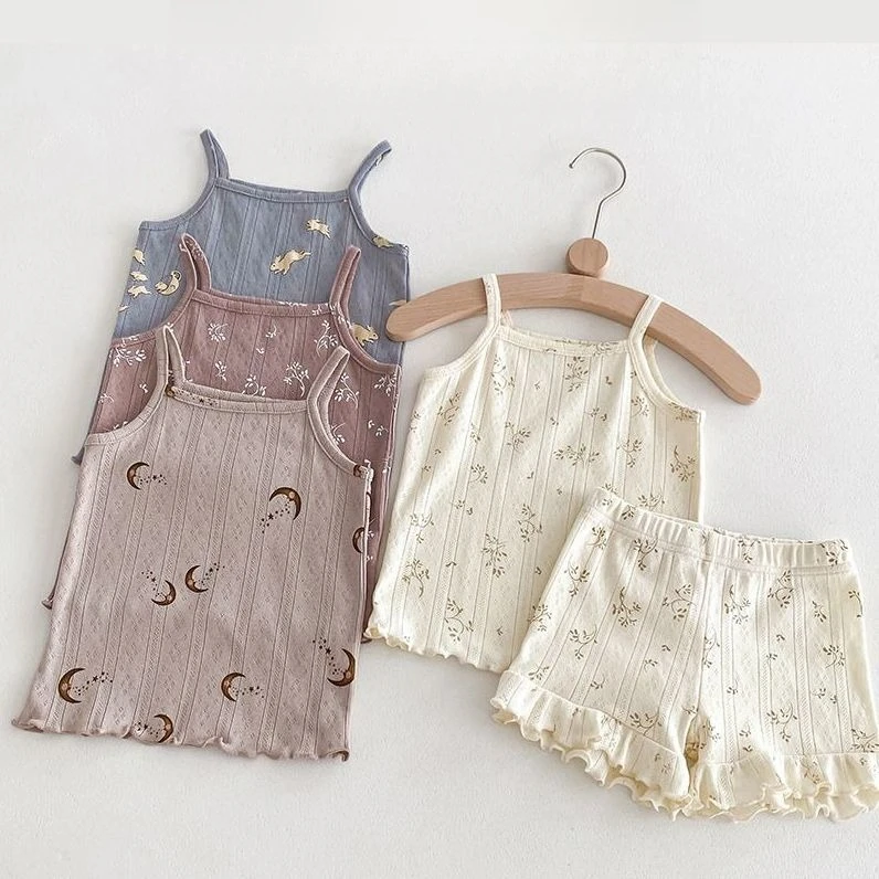 2025 Summer Korean Version Floral Cotton Breathable Home Clothes Air Conditioning Clothes Two-piece Set Girls' Camisole Shorts