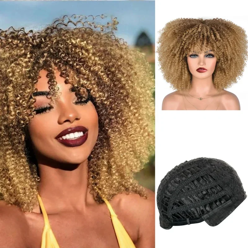 Korte Afro Krullende Pruik Met Pony Synthetisch Afrikaans Lijmloos Pluizig Zwart Ombre Gouden Krullend Damespruiken Valentijnsdag Gebruik