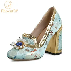 Décolleté con perle di strass retrò da donna phoinet 2022 nuove scarpe da festa Vintage con tacchi alti taglia 43 blu nero FT1881