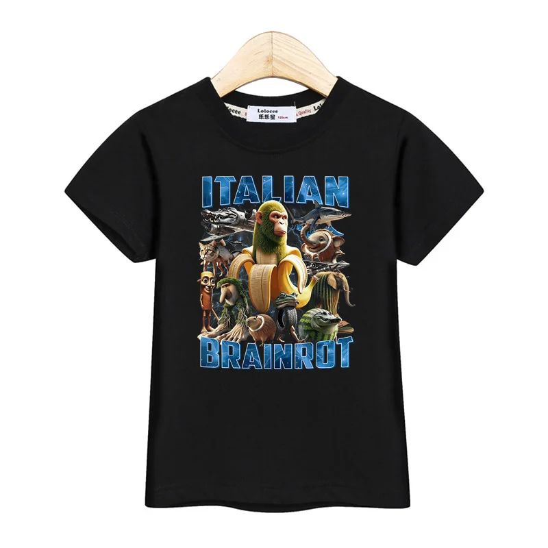 Kurzarm-T-Shirt für Kinder, italienisches Brainrot-Cartoon-Shirt, Baby-Baumwoll-Top, AI-bedruckte T-Shirts