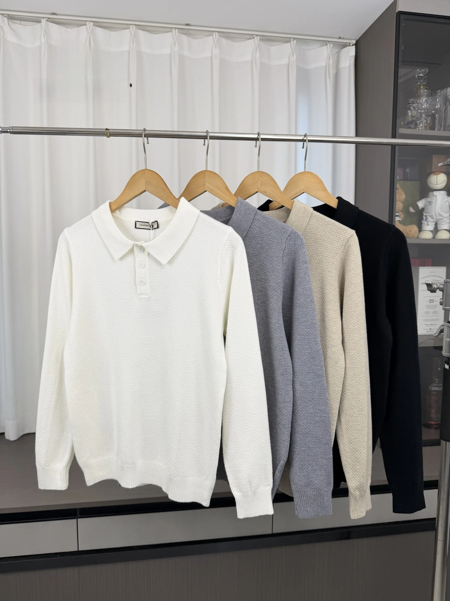 Men's Knitted Long Sleeve  Shirt Casual Diamond Pattern Breathable Loose Fit Autumn Winter Fashion H-Brand Other Material