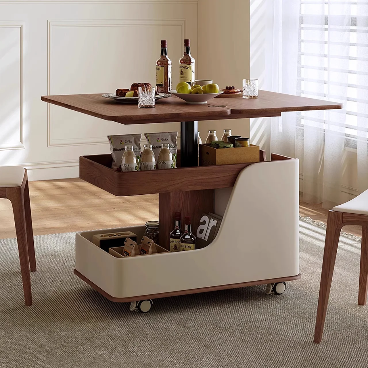 Liftable Mobile Side Table Rolling Casters Storage Living Room Bedroom Multi Use Furniture Sturdy Durable Easy Assembly