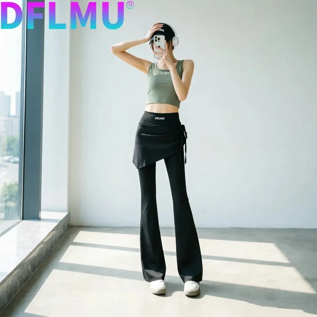 DFLMU Women's High-Waisted Flared Pants with  Overlay Tassel Details Fitness Base Layer flare pants women Yoga 2-in-1 Skirts