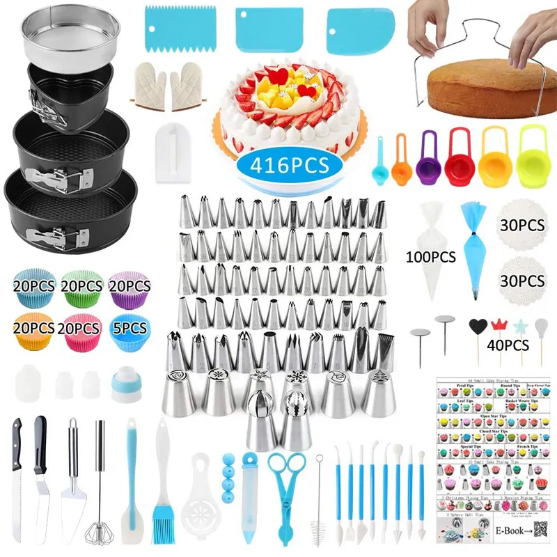 416pcs Cake Decorating Tip Set Turntable Cake Pan Baking Tools Set Cupcake Teeth Edge Cakes Scraper Kitchen Set Supplies