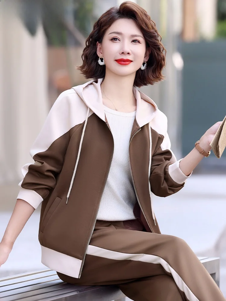 

Casual Sportswear Set for Middle-Aged And ly Women Spring Autumn Faionable Mom Outerwear Large Size Top And Bot