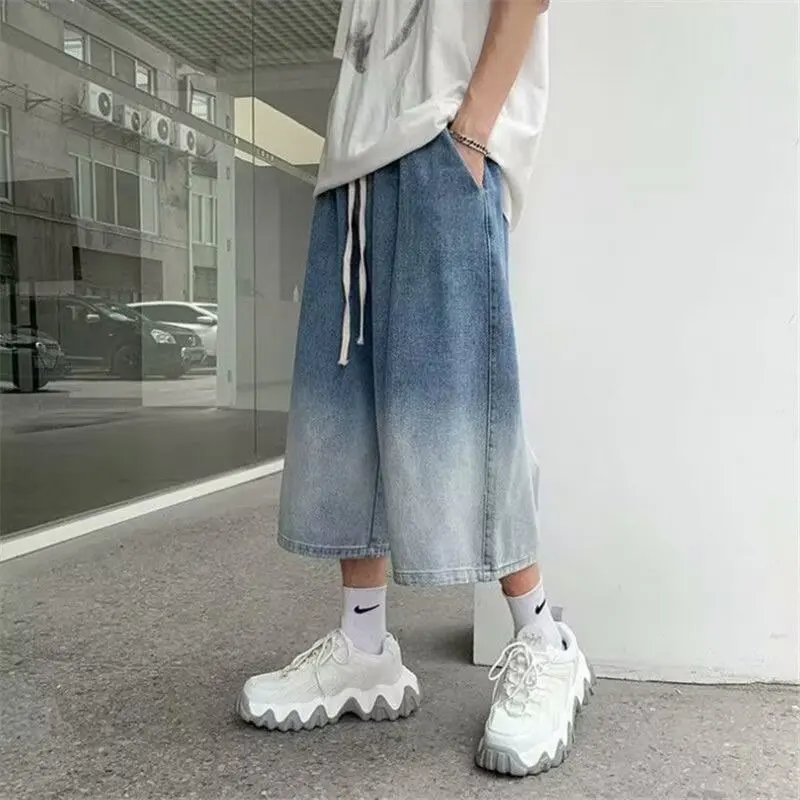 Gradient Denim Cropped Pants For Men, Loose And Versatile High Street Couple Wide-leg Casual Shorts, Summer Cropped Shorts