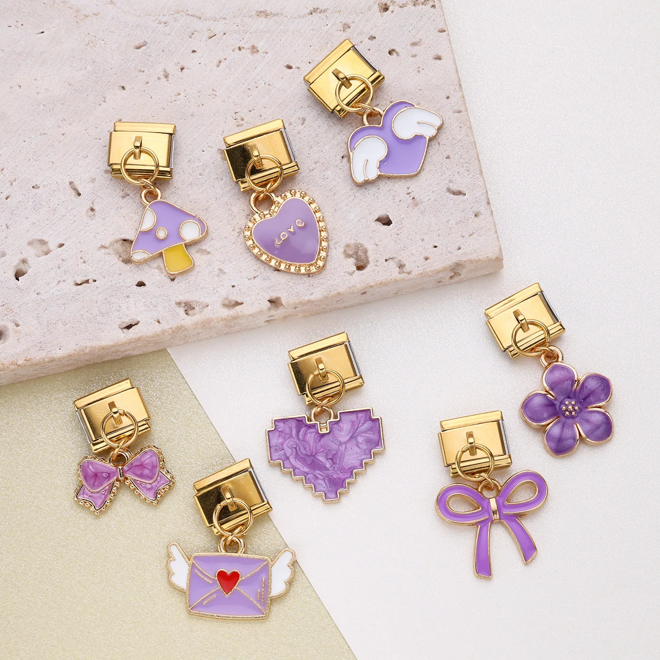 

Trendy Purple Color Bow Heart Flower Pendant Italian Charm ModuleStainless Steel Bracelet for Woman Girl DIY Making Accessories