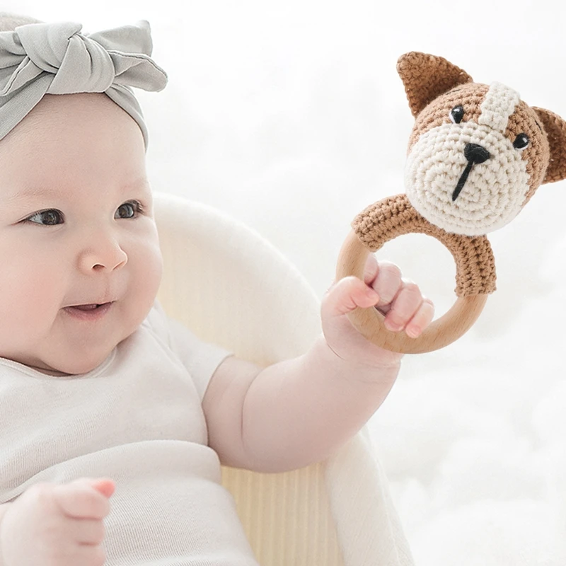 1pc Baby Crochet Rattle Toy Dog Lion Wooden Teether Ring Baby Rodent Infant Gym Mobile Rattles Newborn Educational Toys Gift