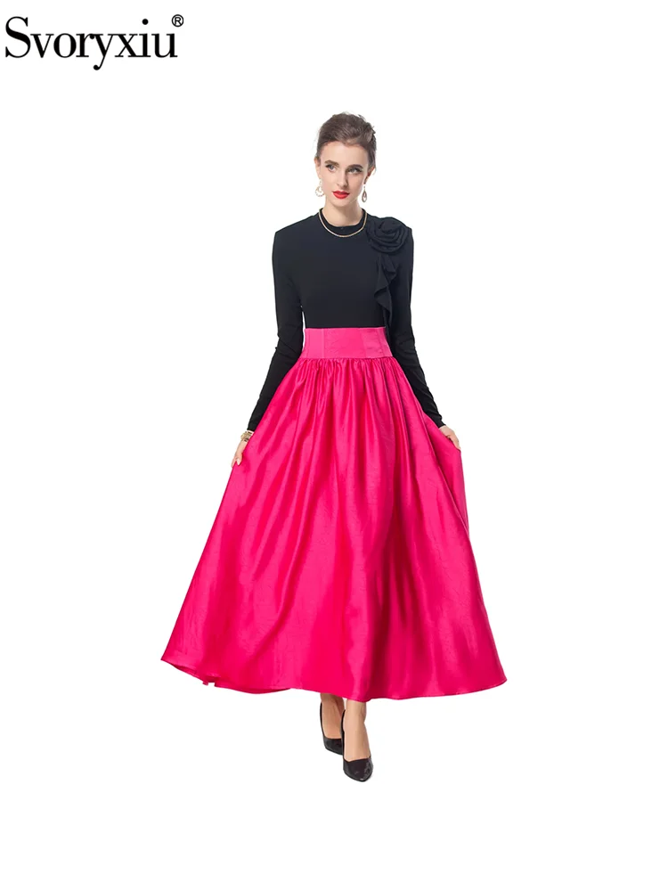 Svoryxiu Fashion Runway Autumn Party Elegant Long Skirt Suit Women Stand Collar Appliques Long Sleeve Pullovers+High Waist Skirt