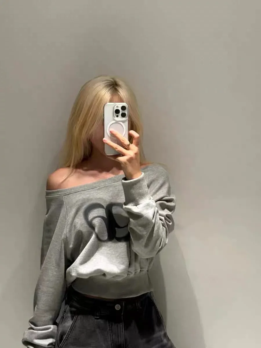 

ort Letter Print Logo Aso Cotton oulder Baring Spicy Girl Sweatirt Women Loose Fit Hooded Long Sve Spring Faion