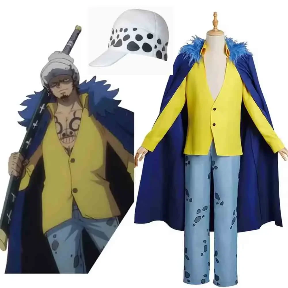 Disfraz de Cosplay de Anime Trafalgar D. Water Law para Adultos, Abrigo, Pantalones, Capa, Gorra, Conjunto Completo, Traje para Halloween y Carnaval
