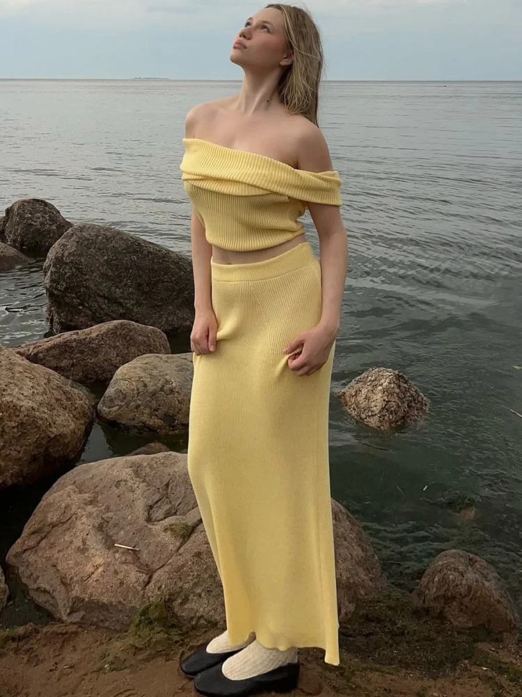 

Talenza Весенняя длинная юбка из двух предметов, женский элегантный вязаный топ без рукавов с разрезом, длинное платье, комплект, повседневный женский комплект длинного платья 2025 года