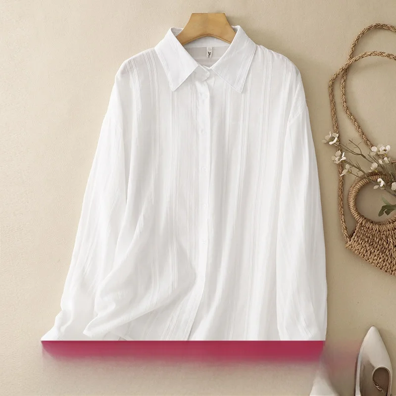 

Женская рубашка с длинным рукавом в полоску для весны и лета, легкая, дышащая, с защитой от солнца, свободного кроя, из хлопка, повседневный топ с круглым вырезом