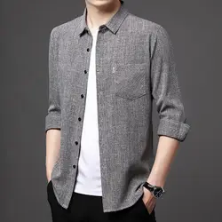 Vintage Fashion Men Shirts Autumn Cotton Hemp Solid Lapel Pocket Single Breasted Business Casual Office Social Loog Sleeve Tops