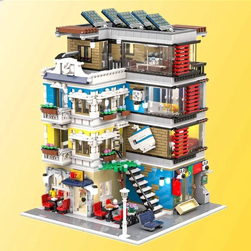 Street View รุ่น Moc อาคารอิฐมุมคาเฟ่และร้านขายสัตว์เลี้ยงและเทคโนโลยีบ้าน Modular Blocks ของขวัญของเล่น DIY ชุดประกอบ