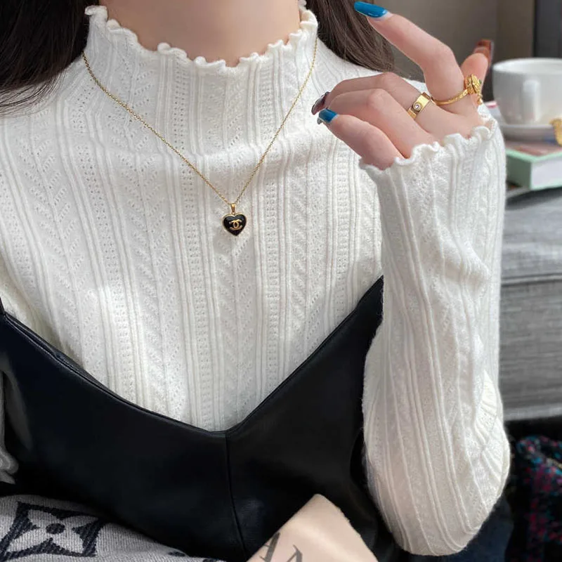 

Knitted Sweater Women Pullovers New Long Sleeve Mock Neck Black Knit Sweater Pullover Women Tops Sweaters Sueters De Mujer Q1154