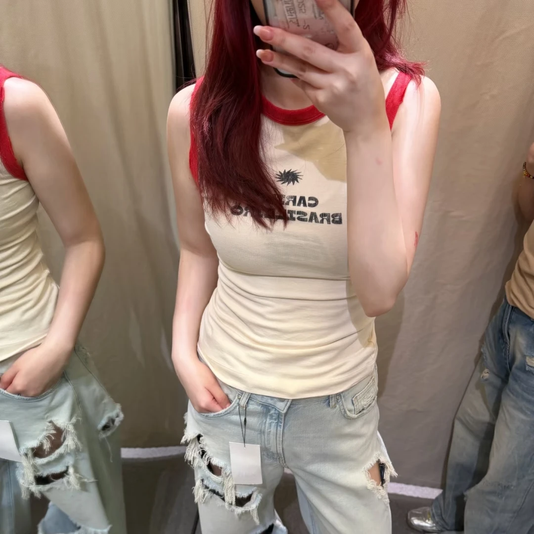 Spring Summer New Arrival Slim Fit round Neck Sleeveless Vest T-Shirt Women's Fashion Print Detail Contrast  Top