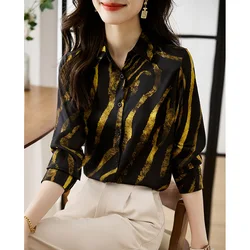 Women Clothes Golden Striped Printed Shirts Office Lady Vintage Fashion Elegant Blouses Spring Long Sleeve Top Tunics