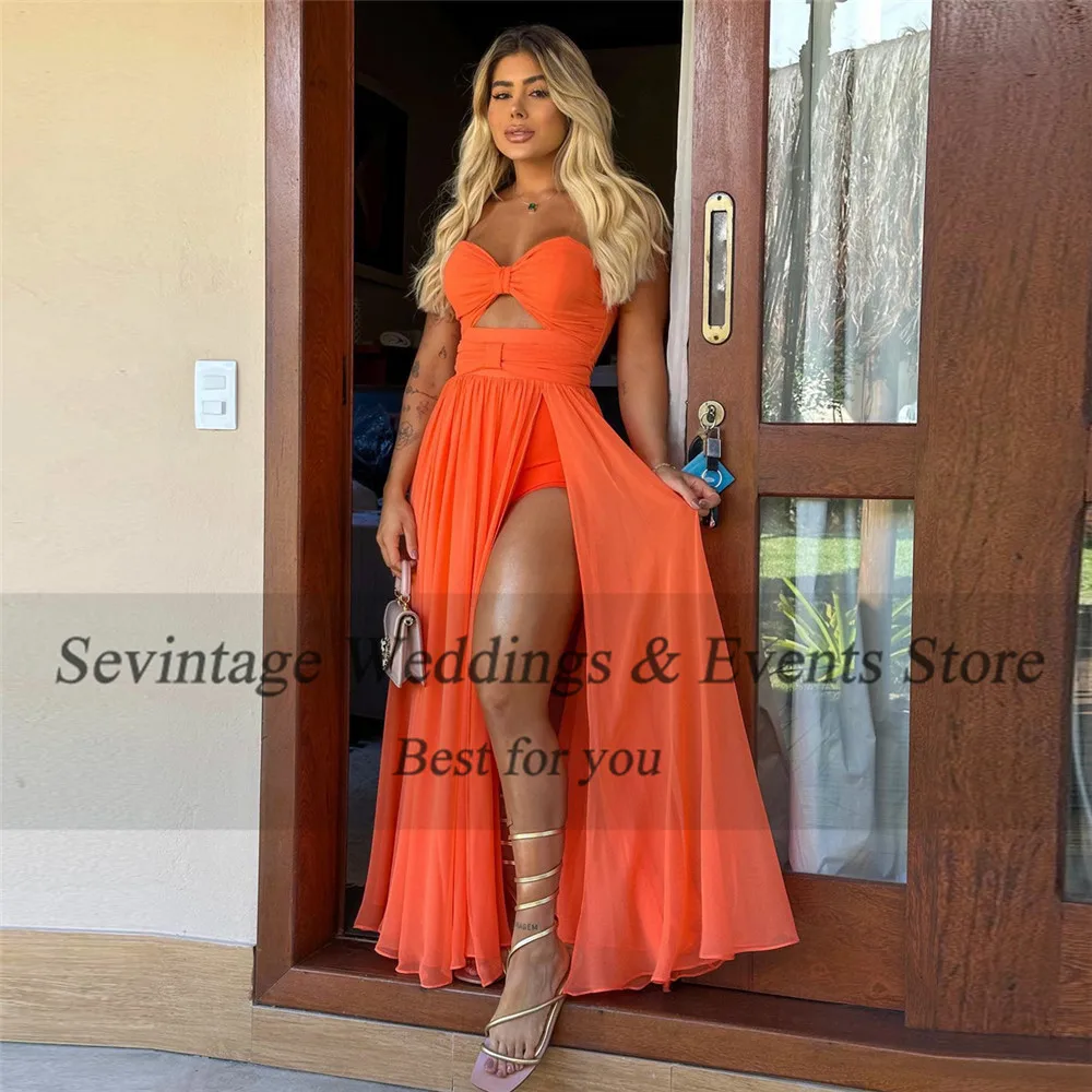 Sevintage Simple Orange Saudi Arabic Evening Dresses A-Line Strapless Corset Back Cocktail Growns High Side Slit Prom Dresses