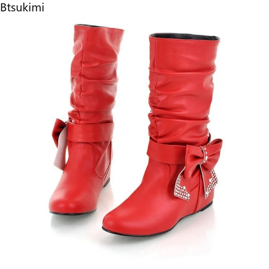 New Women's Butterfly-knot PU Fabric Boots Luxury Round Toe Wedge Shoes Rain Shoes Fashion Wedges Mid Calf Ladies Mid-Calf Boot view 3