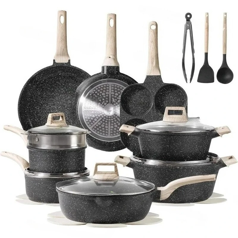 Factory direct sales black granite cookware set induction bottom pot kitchen non-stick coating