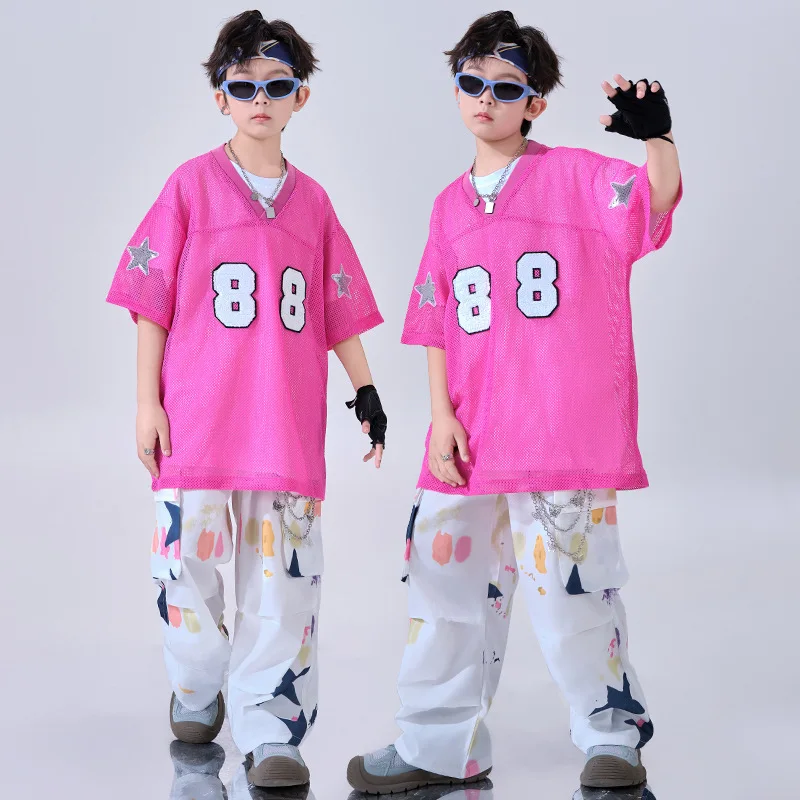 

Hip Hop Boys Mesh T-shirt Joggers Girls Street Dance Candy Color Cargo Pants Clothes Sets Kids Jazz Costumes Children Streetwear