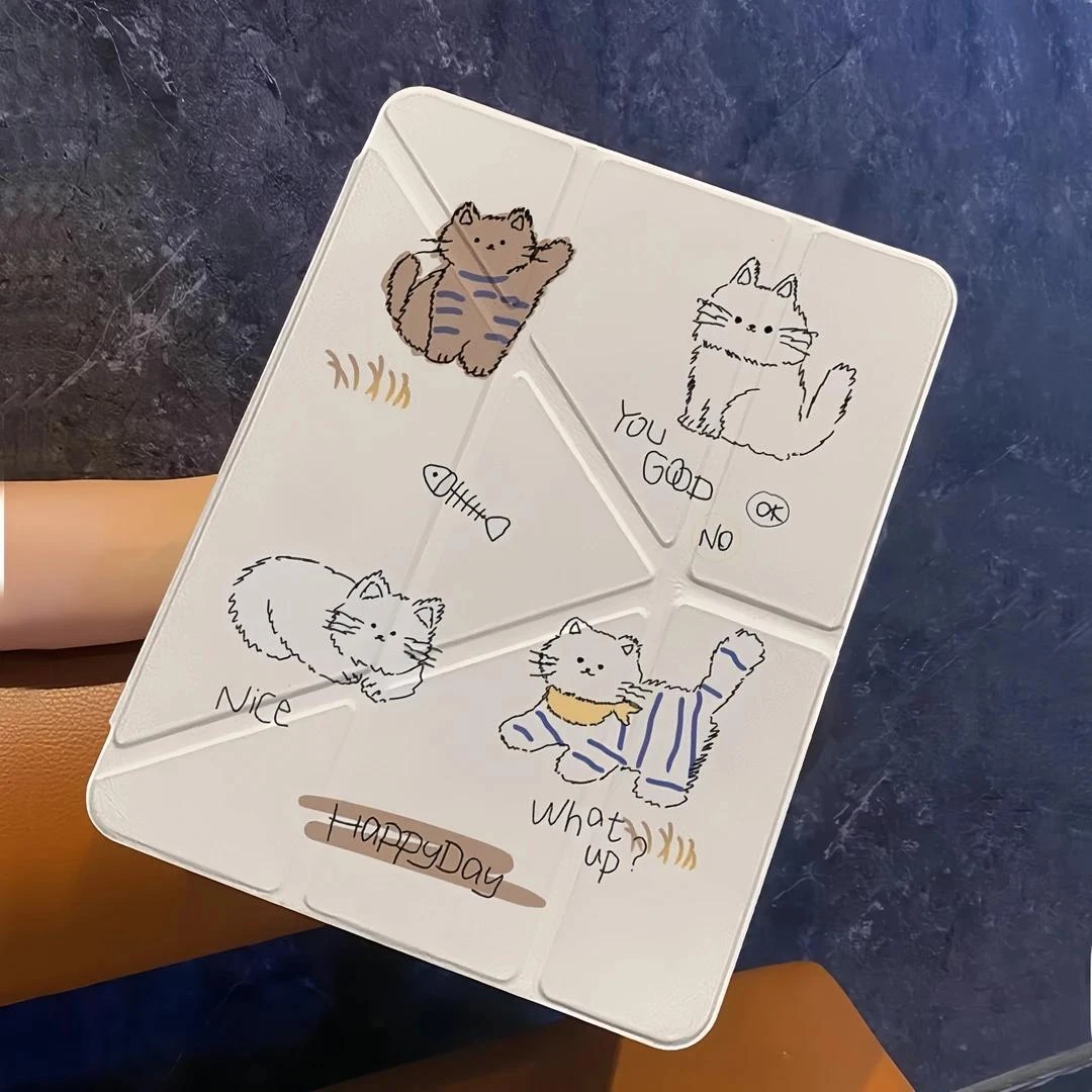 Cute Cartoon Kitten Cat Tablet Case For iPad Pro 11 12.9 13 A16 M2 M4 M3 M5 Shell 10.2 5/6/7/8/9/10/11th Mini Air 3 4 5 6 Cover