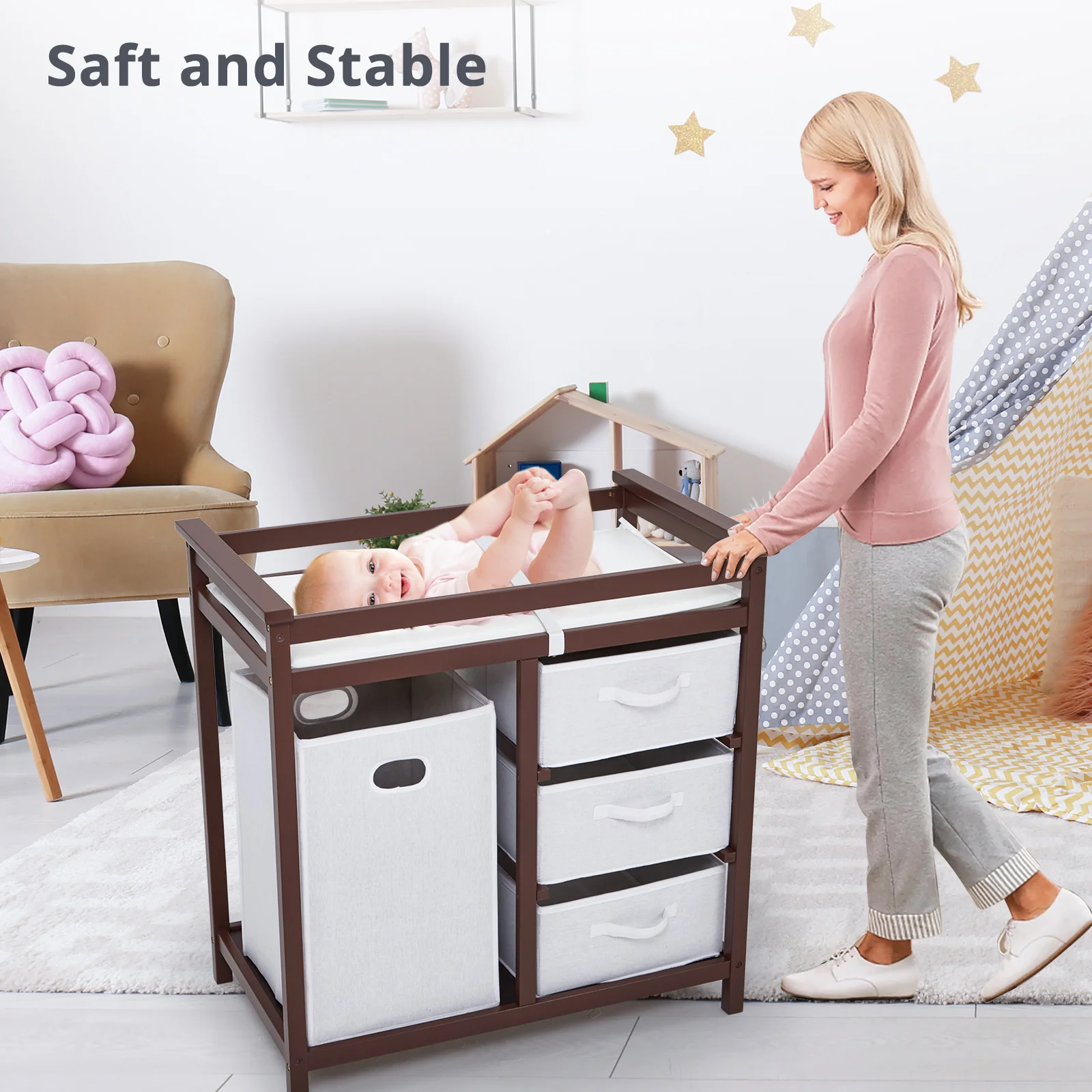 Wooden Baby Changing Table Multi-Functional Diaper Changing Station With 3 Storage Baskets Laundry Hamper & Changing Pad
