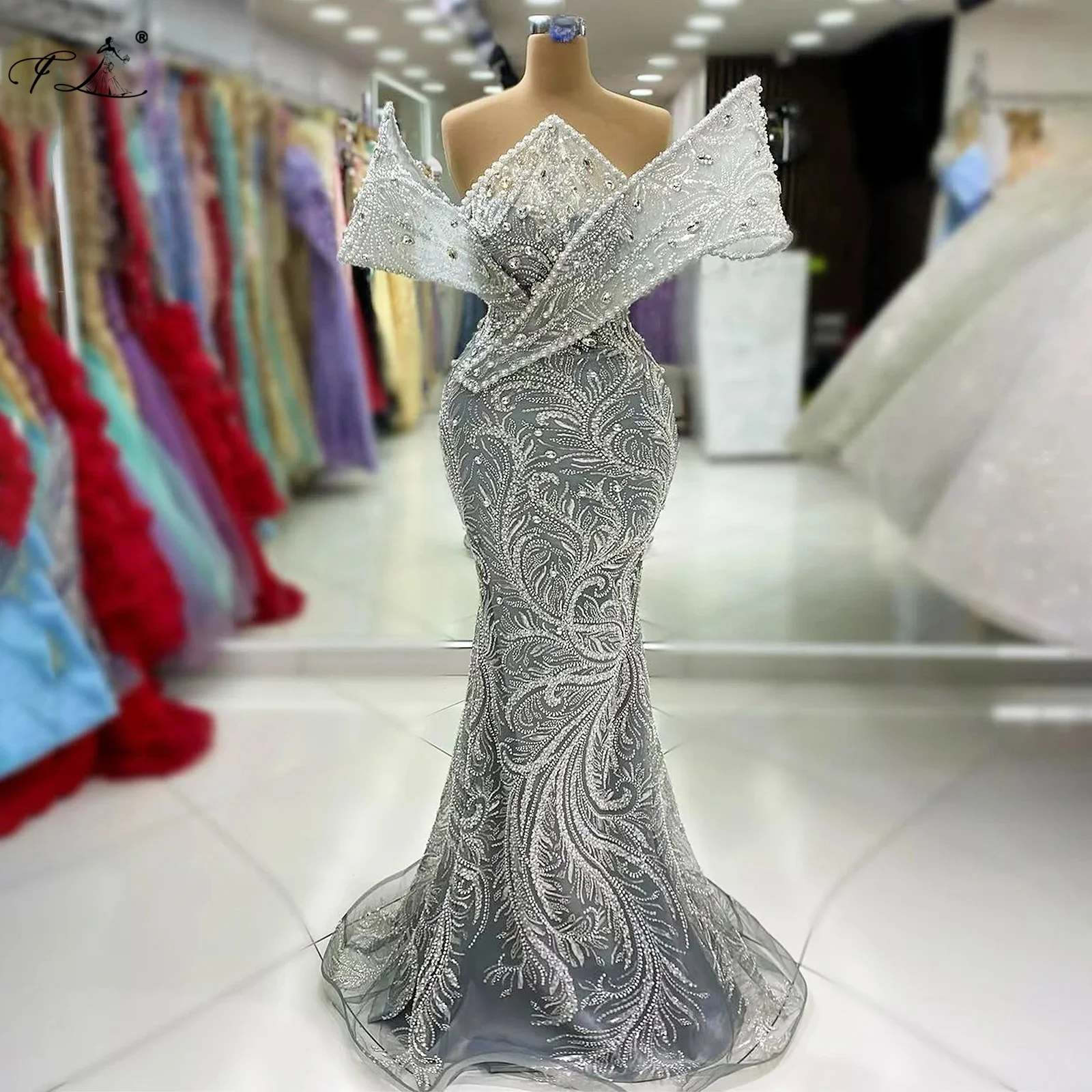 

Luxurious Women's Evening Dresses Cocktail Dress Pearl Rhinestone Fishtail Dress Gray Ball Gown Elegant Party Dress