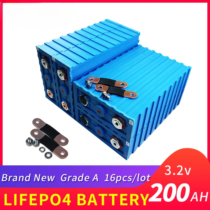 Rechargeable 16PCS 3.2V 200Ah Brand New Grade A LiFePO4 Battery Cell Deep Cycle 100% Full Capacity Lithium Ion Solar Power Bank