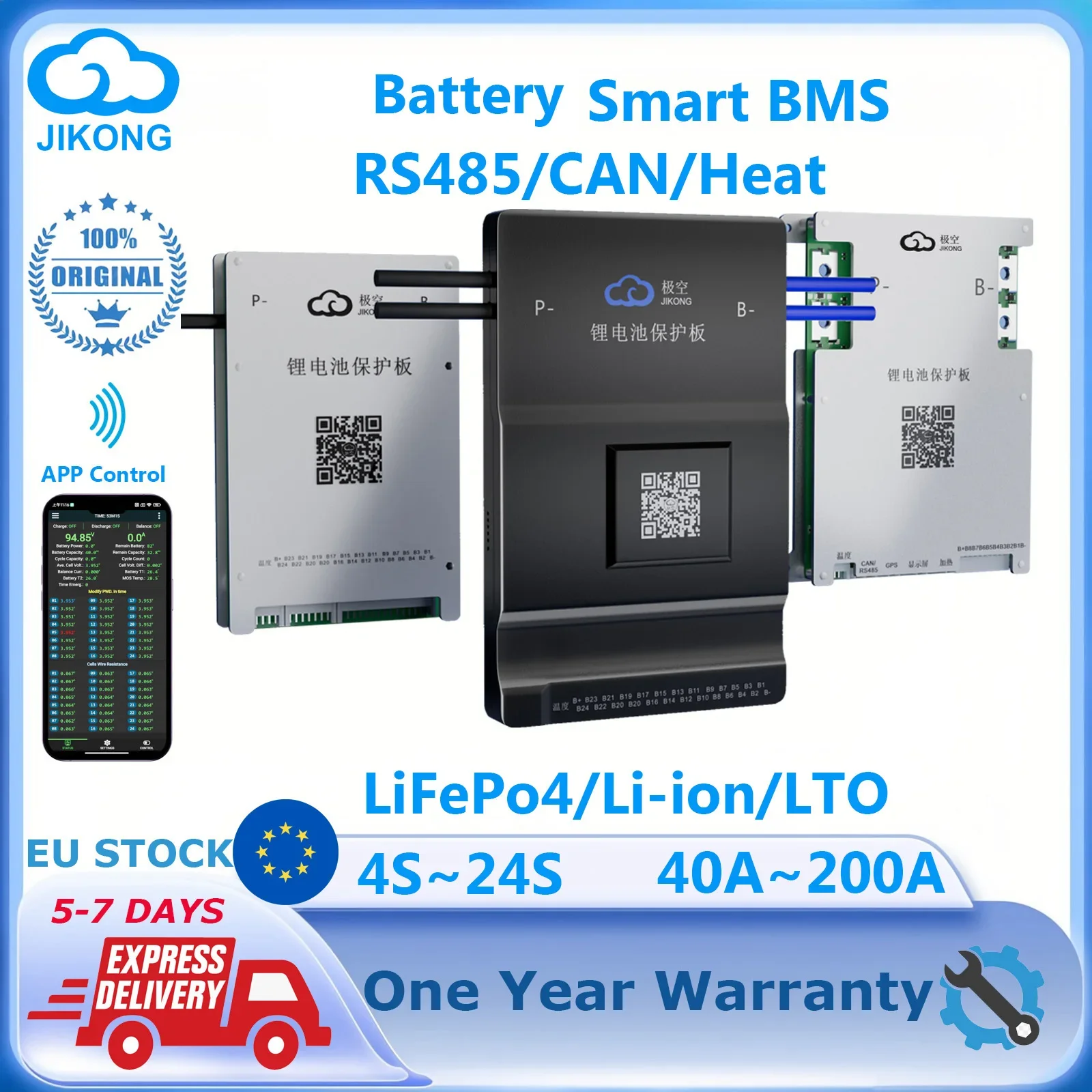 JIKONG Smart BMS mit 0,4A~2A Active Balance BT APP RS485 CAN für 4S~24S LiFePo4 Li-Ion LTO Akku 40A~200A Ladung JKBMS