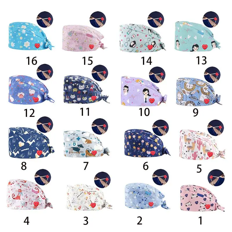 

Doctor Nurse Scrub with Heart Button Mask Holder Cartoon Floral Working Adjustable Tie Back Bouffant