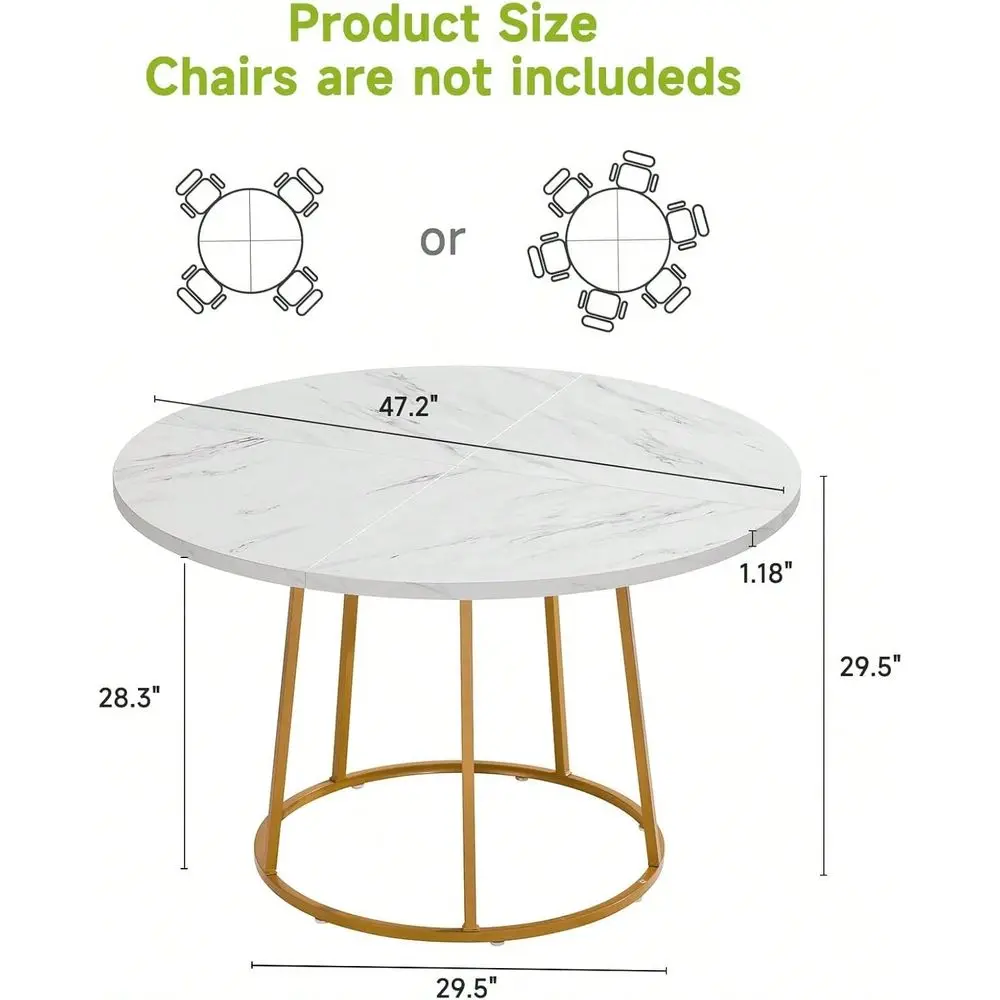 Round Dining Table 47.24Inch Kitchen Table For Four, Wooden Faux Marble Dinner Table With Gold Base For Home, Restaurant, And D
