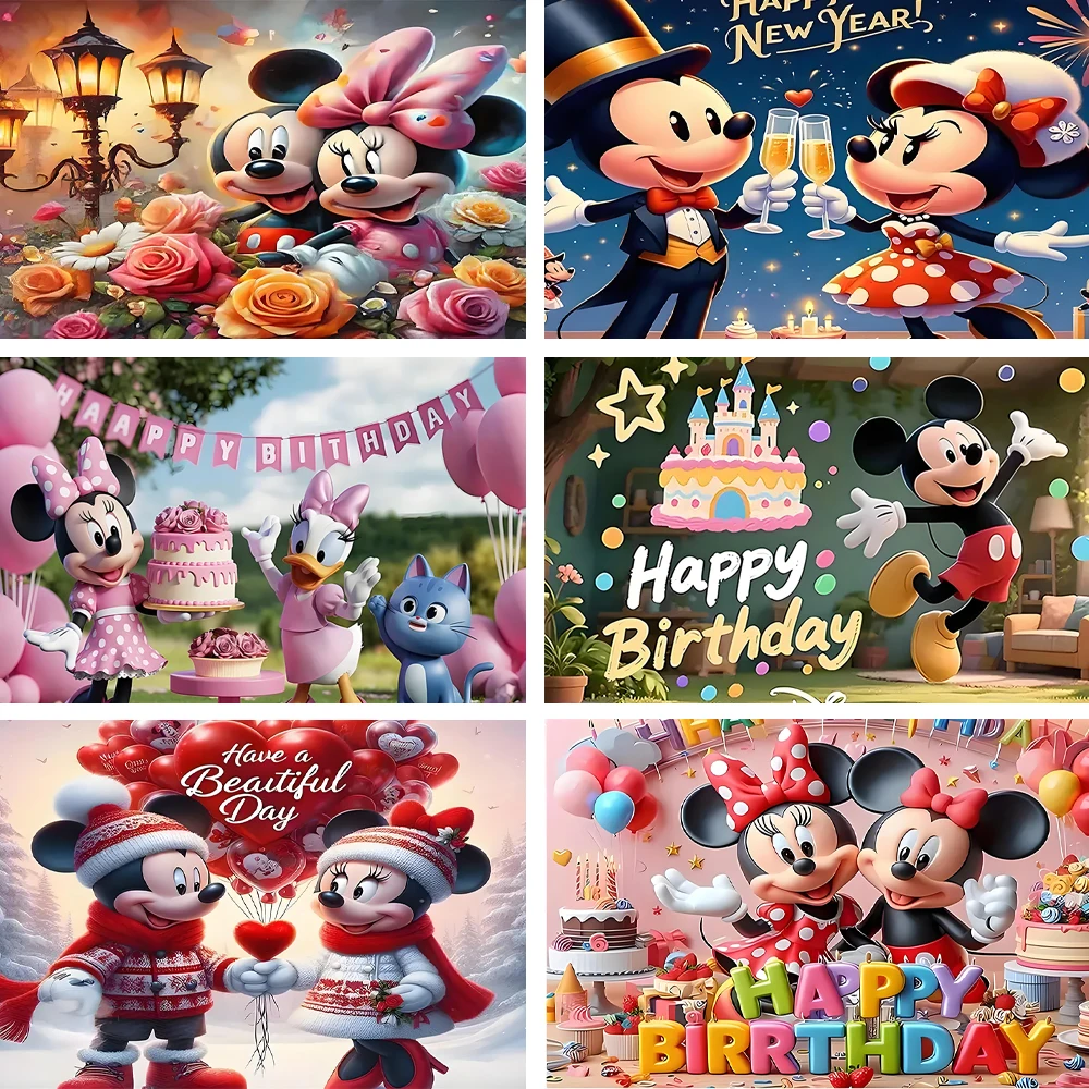 

Disney Mickey Minnie Mouse Theme Birthday Party Supplies Background Decoration Glitter Bow Banner Baby Shower Kids Photo Shoot