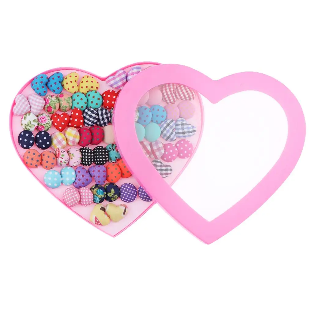 36 Pairs Women Retro Dots Fabric Button Earrings Set Round Heart Stud Earrings