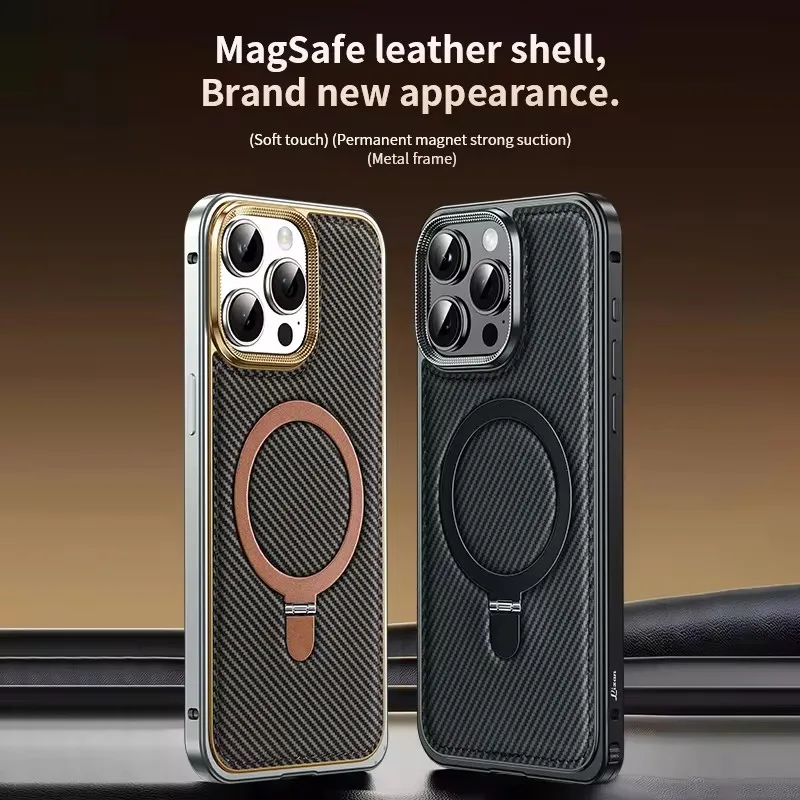 

Magnetic Stand Phone Case For Iphone 14 15 Pro Max Metal Frame Carbon Fiber Texture Back Cover For IPHON 15 Promax Holder Shell