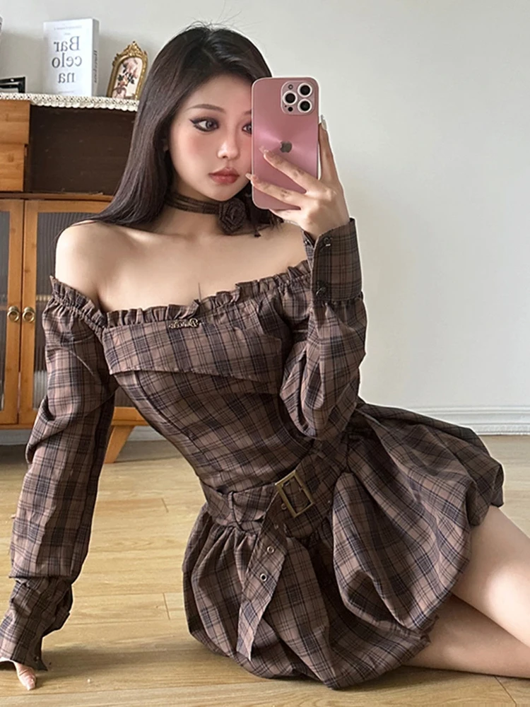 GIDYQ Sexy Slash Neck Belt Mini Dress Women Harajuku Vintage Plaid Slimming Waist Short A Line Vestidos Y2k Streetwear Dresses