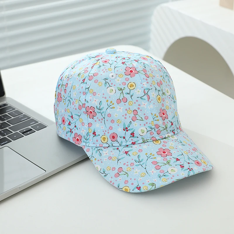 Summer Kids Baseball Caps Flowers Prints Girls Top High Caps Sun Hat Children Peaked Cap Adjustable Visor Cap for Girls 4-8Years