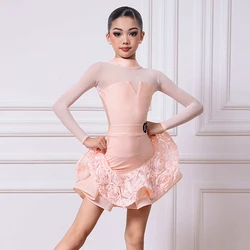 Pink Latin Dance Costume Girls High Collar Bodysuit Ruffle Skirt Cha Cha Rumba Competition Dance Suit Latin Stage Clothing 1316