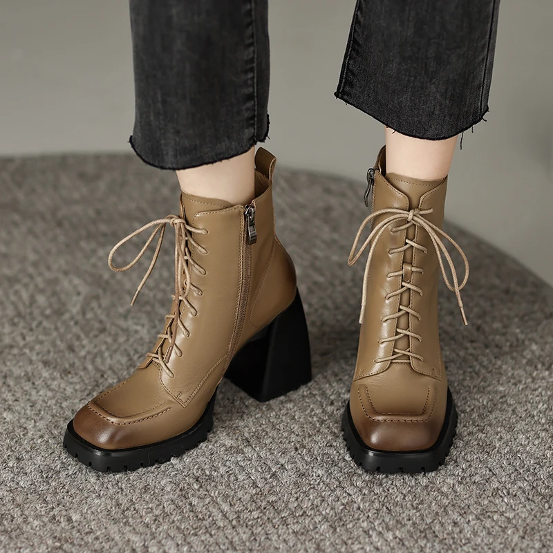 Autumn/Winter Women Boots Square Toe High Heel Shoes for Women Black Leather Boots Women Lace Up Handemade Shoes Botas De Mujer