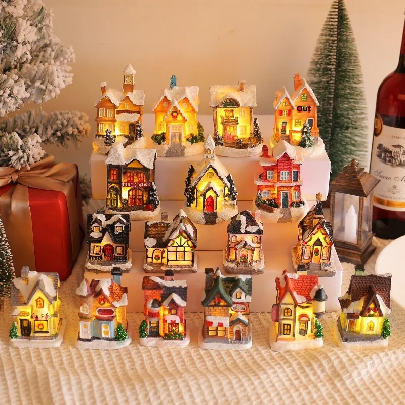 

New Christmas Decorations Resin Little House Colorful Glowing House Tabletop Ornaments Cross Stitch Christmas Decorations