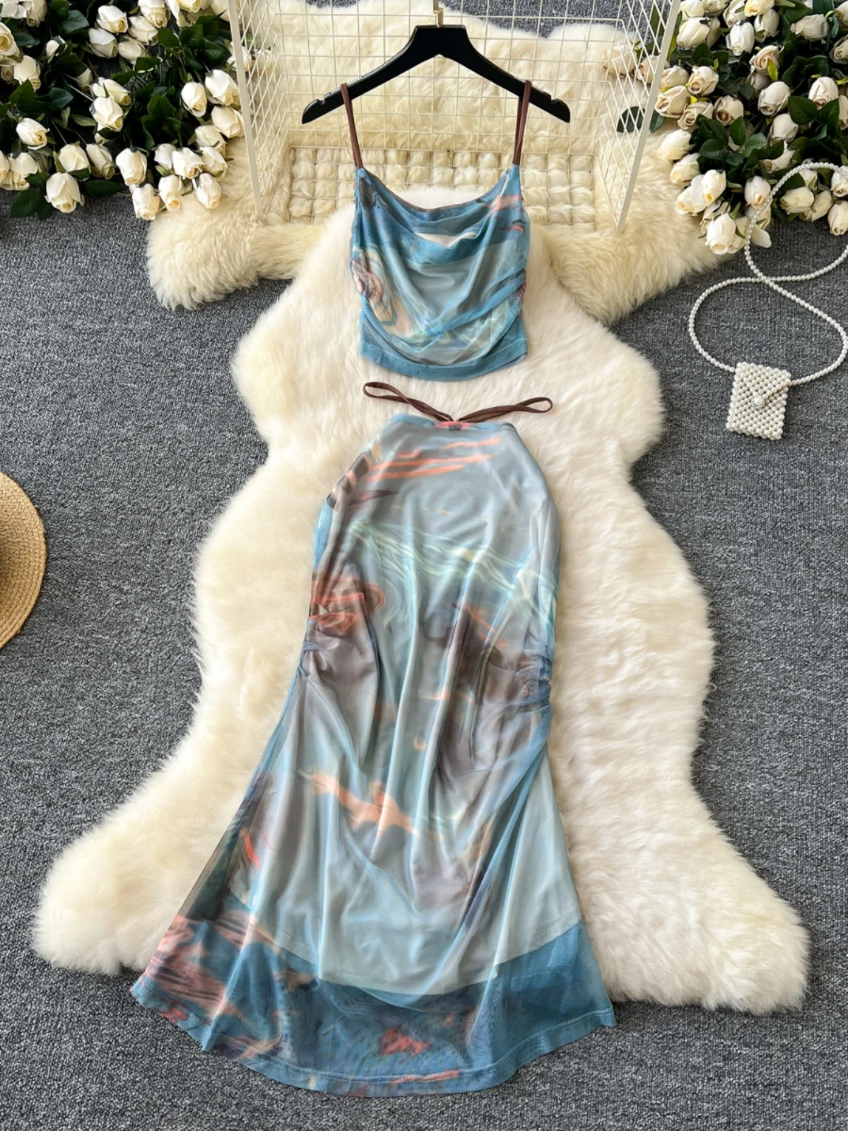Conjunto de Moda Fena Pure Desire Vaion: Top Curto com Alças e Saia Midi Psada de Malha Justa de Cintura Alta com D...